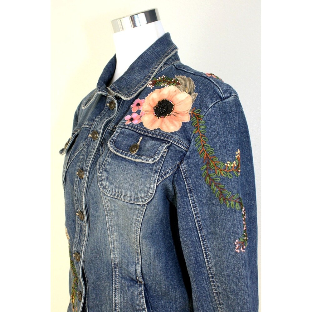 Upcycled OOAK LIVE A LITTLE Denim Jacket Embroidered Beaded Floral Applique XL * - Picture 6 of 13
